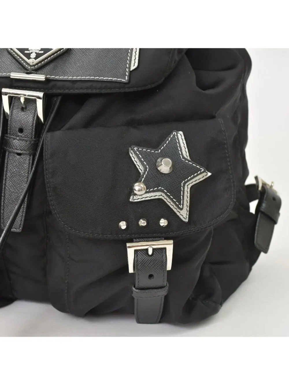 Prada Tessuto Nylon Robot Backpack Saffiano Leather Studs Metal Black